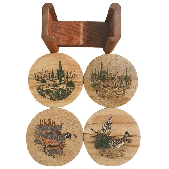 Set of 4 Coasters in Wooden Stand - Picture 3 of 3